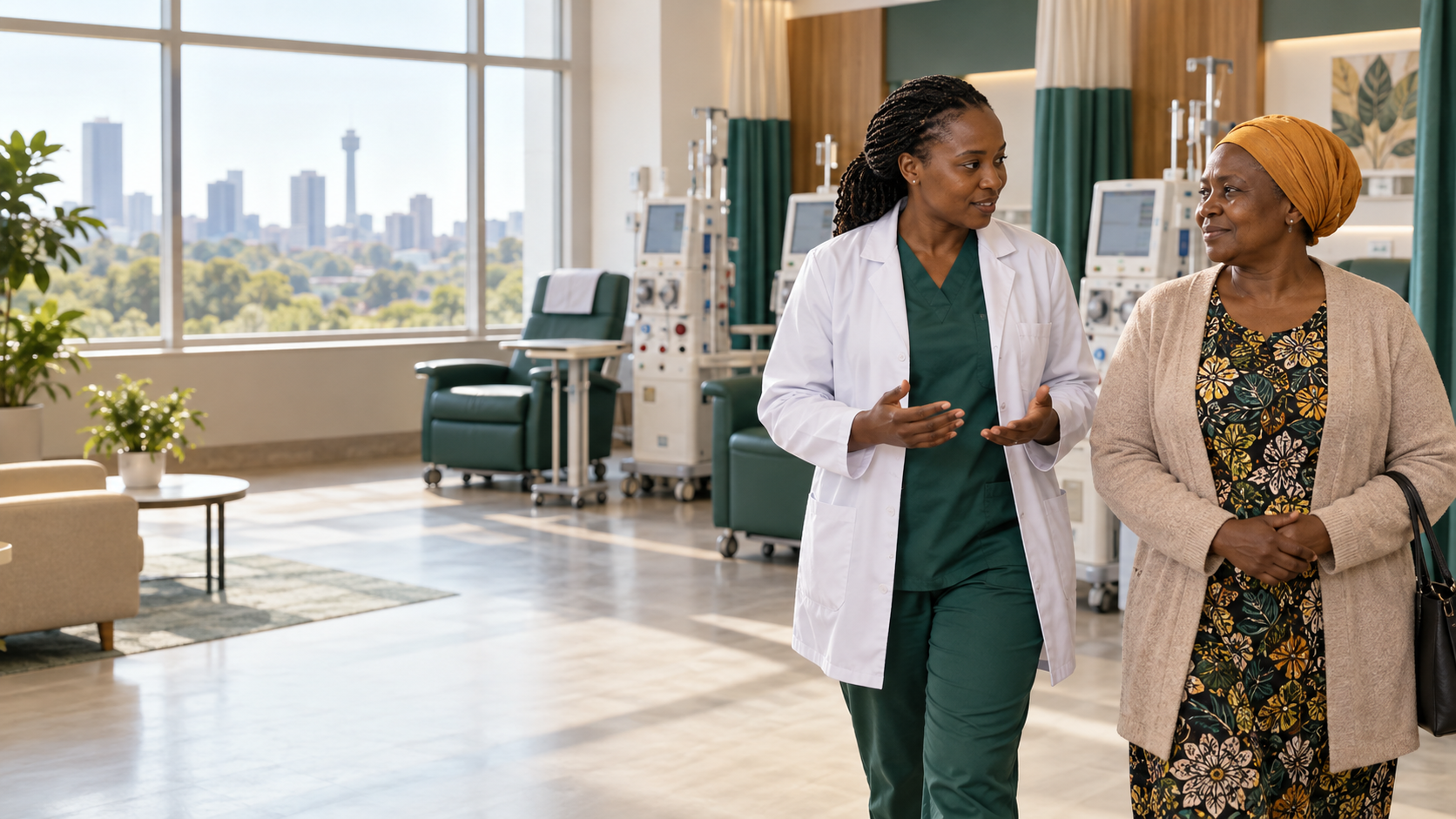 An African clinician and patient walking through a modern dialysis clinic