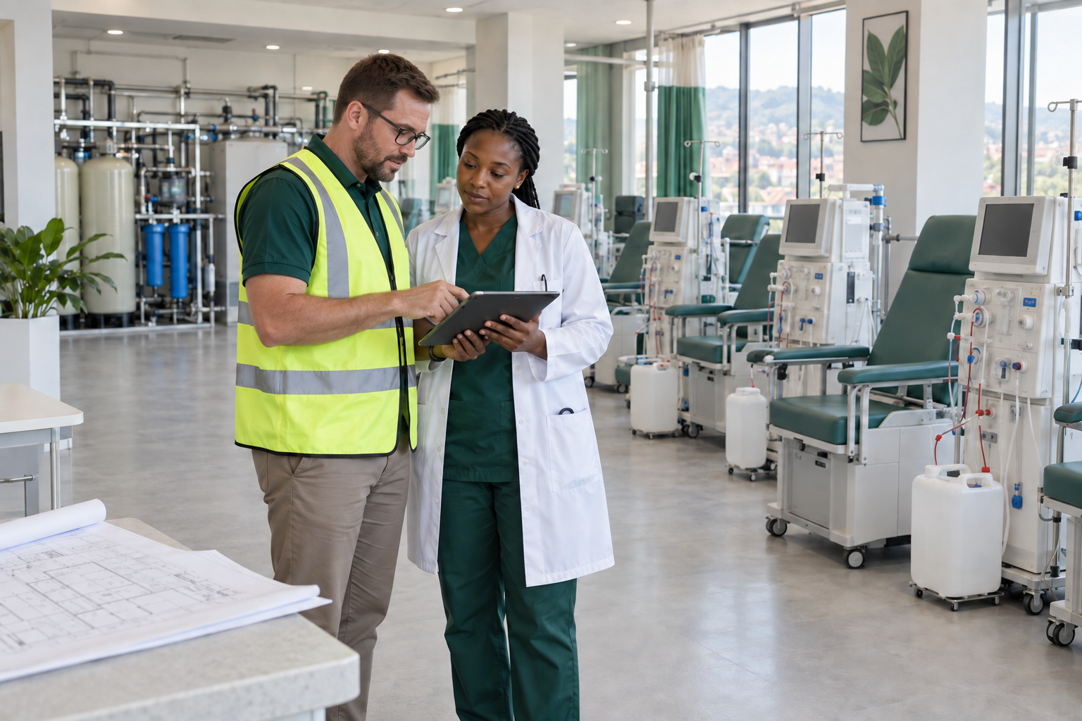 German biomedical engineer and African clinician planning a newly equipped dialysis centre