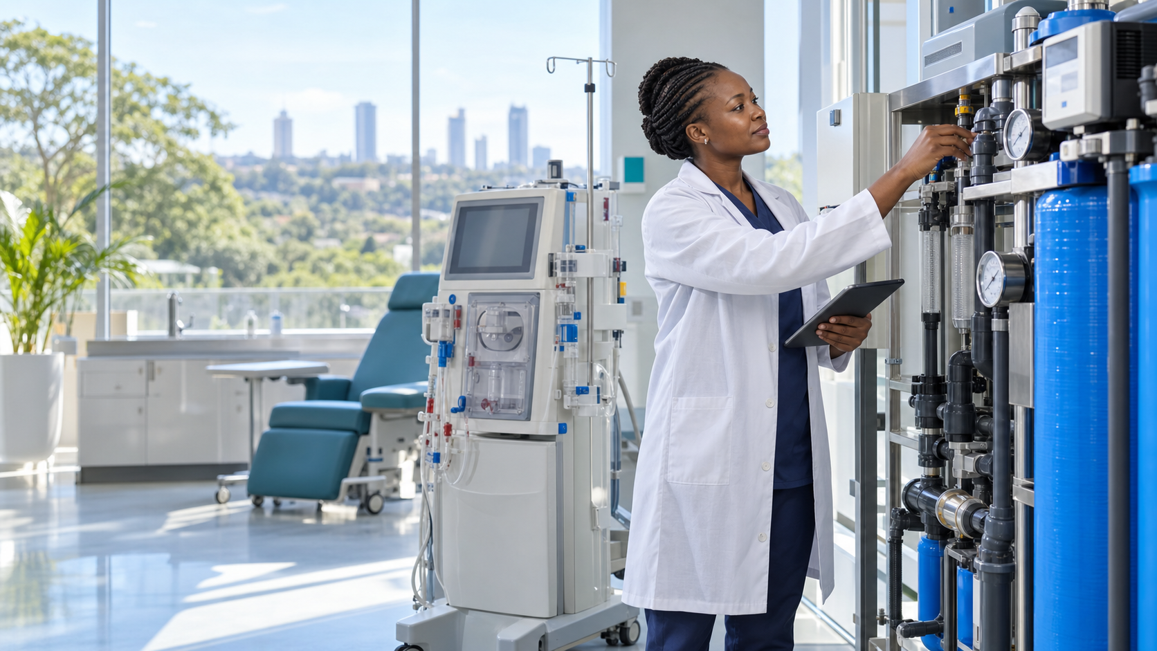 Clinician inspecting a water treatment and RO system